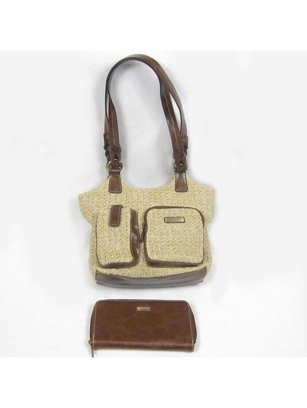 Straw & Brown Faux Leather Shoulder Bag Purse & Matching Wallet Set 2pc Strada
